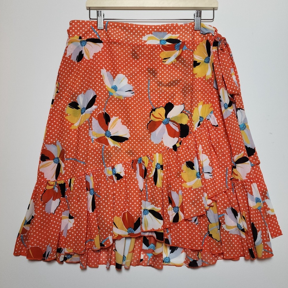 Cabi Women's Orange Polka Dot Floral Wrap-around Ruffled Knee Length Skirt XL